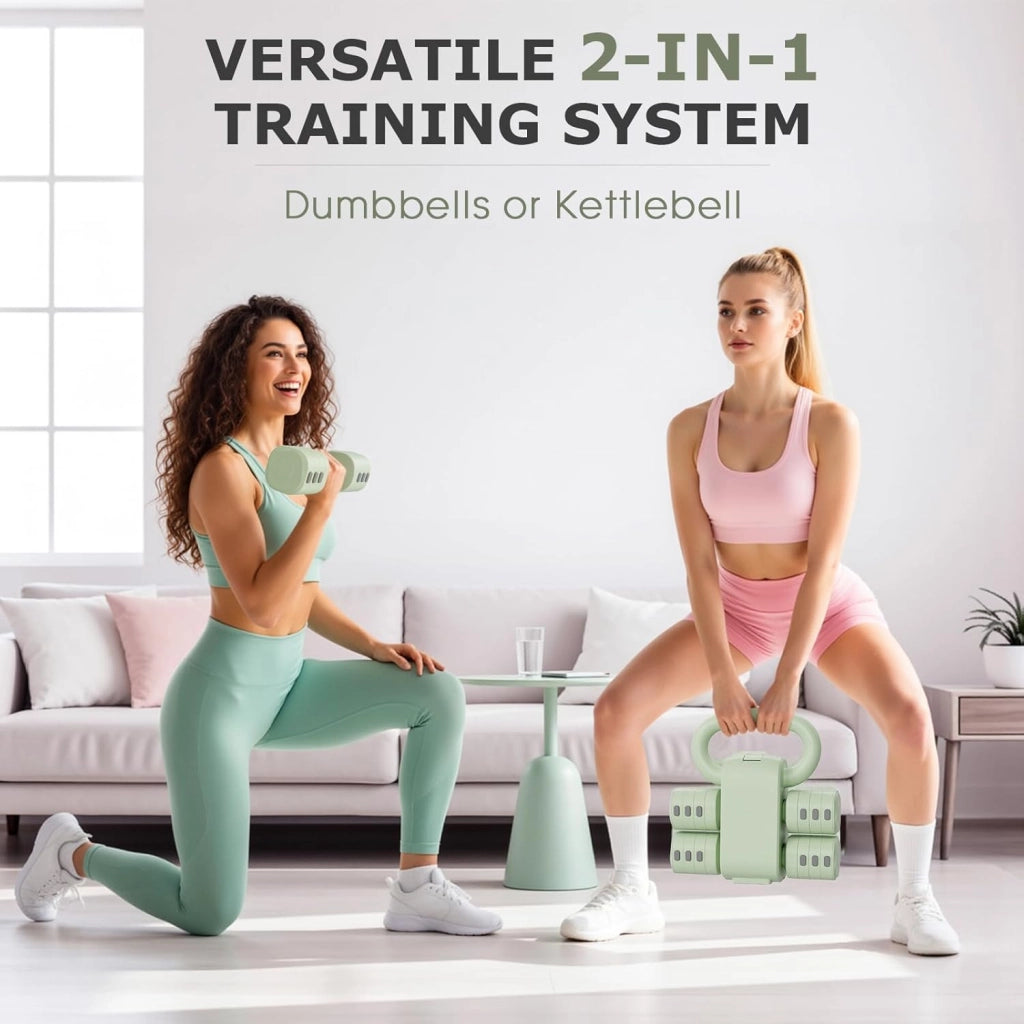 Set di 2 manubri regolabili 2 in 1, per donne e uomini, 4 livelli di peso con adattatore kettlebell, set di manubri per casa (Verde)