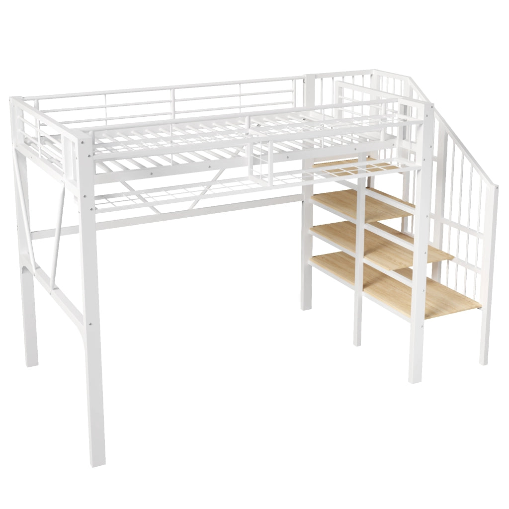 Letto a soppalco 90 x 200 cm, struttura in metallo, ripiano, luce a LED, bianco