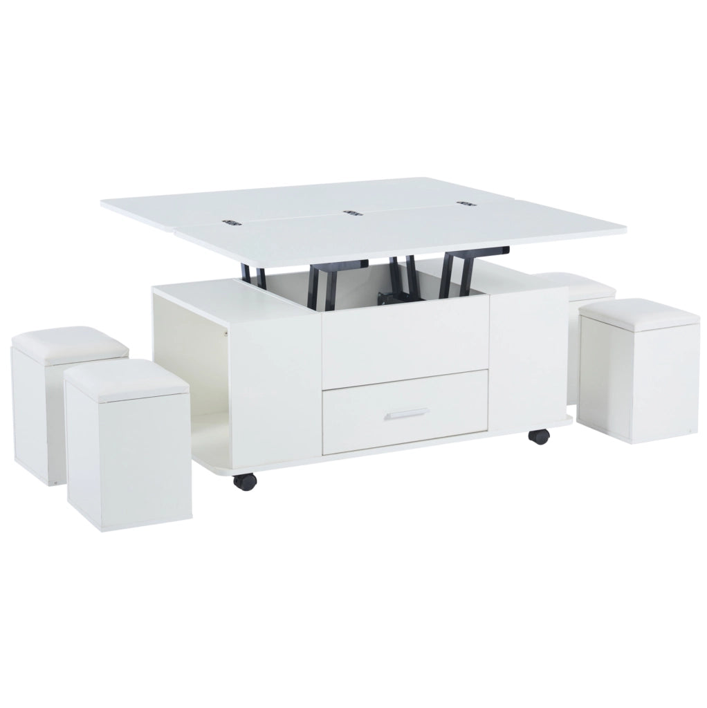 Tavolino da salotto trasformabile 100x50x45 cm in truciolare bianco; con 4 sgabelli contenitori
