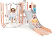 7 in 1 Parco Giochi per Bambini, Set di Scivolo e Altalena per Bambini con Canestro da Basket e Telescopio, 142 x 165 x 92 cm, 1-3 Anni (Rosa)