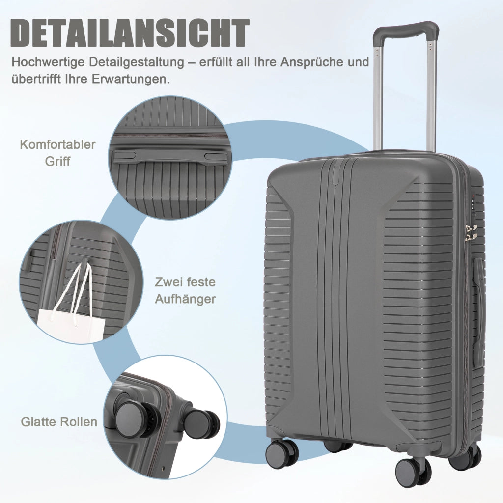 Set di 3 valigie rigide in pp con ruote girevoli a 360°, ganci laterali, piedi protettivi e lucchetto, argento