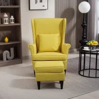 Poltrona con Poggiapiedi in Stile Contemporaneo, in Tessuto Effetto Lino e Legno di Caucciù, 75x83x104 cm, Giallo