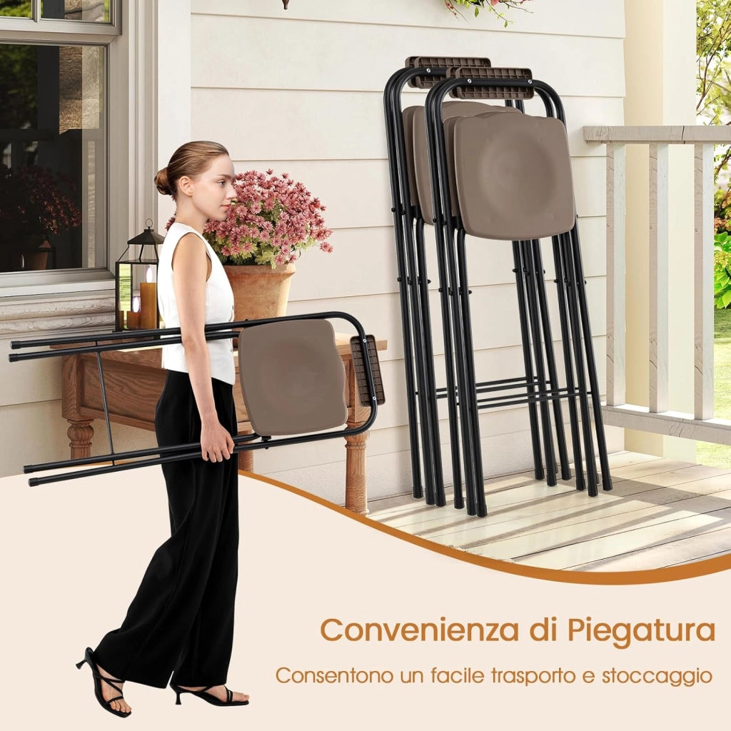 Set di 2 Sgabelli da Bar Pieghevoli, Sedia Alta con Schienale e Poggiapiedi, Struttura in Metallo, per Interno ed Esterno, Portata 150 kg (Marrone)