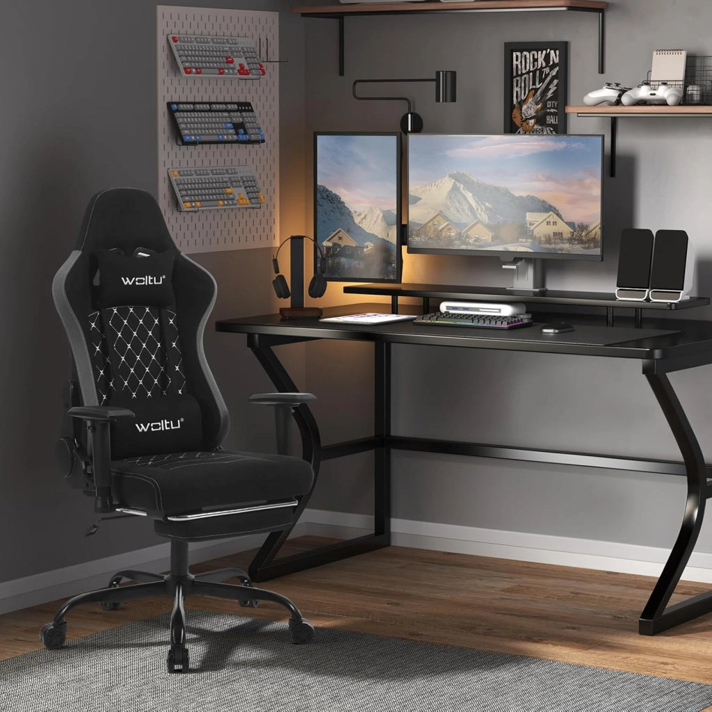 Sedia Gaming con Massaggiatore, Poltrona Ufficio Ergonomica, Sedia da Scrivania reclinabile, Poggiatesta,Supporto Lombare, 150 kg, Tessuto tecnologico, Nero+Grigio