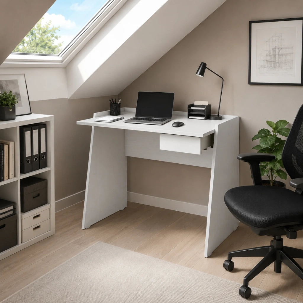 Scrivania Bianca Moderna con Cassetto e Piano Effetto Cemento | Scrivania PC Salvaspazio per Smart Working, Home Office e Studio | Tavolo Computer 90x60x80 cm