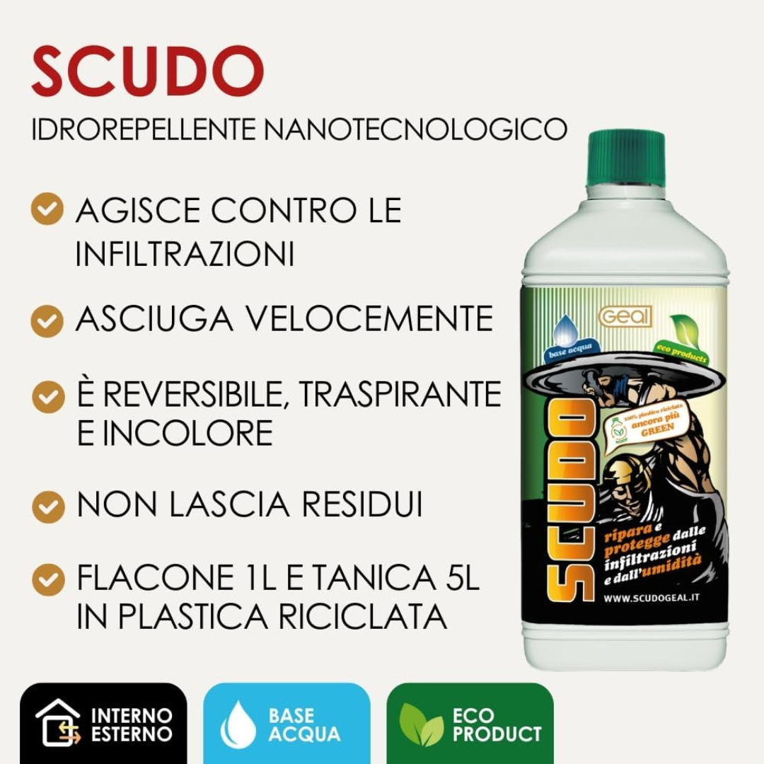 GEAL SCUDO. Idrorepellente Anti Infiltrazioni Base Acqua. Elimina Infiltrazioni per Terrazze, Pavimenti e Rivestimenti. 1 Litro rivestimenti. 1 Litro