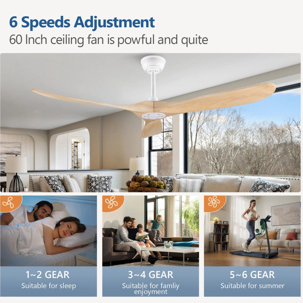 Ventilatore da soffitto 60 pollici senza luce; legno e metallo; bianco e naturale con telecomando