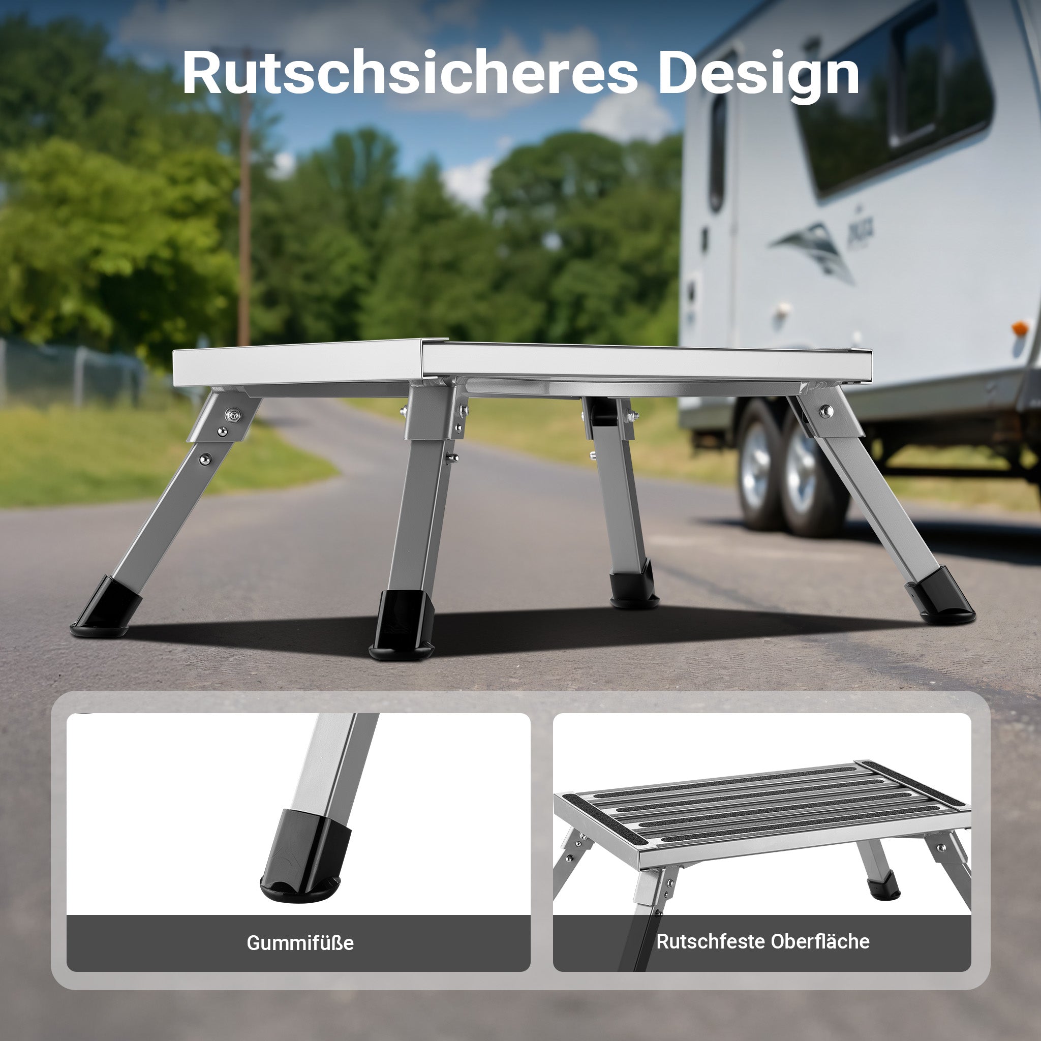 Scalino camper pieghevole in alluminio fino a 220 kg, antiscivolo, Scaletta per roulotte