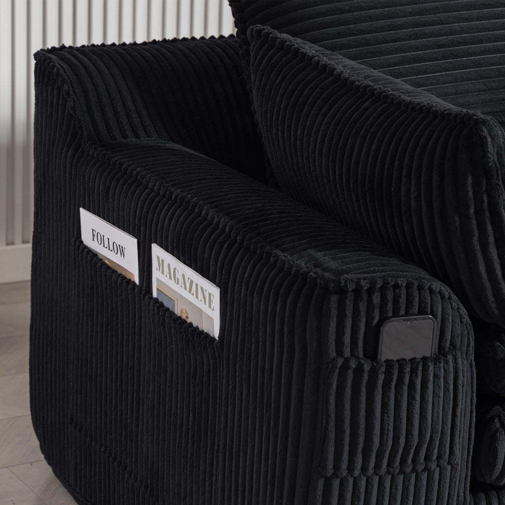 Divano 2 posti 191x94x85 cm con tasche laterali e cuscini in velluto a coste nero