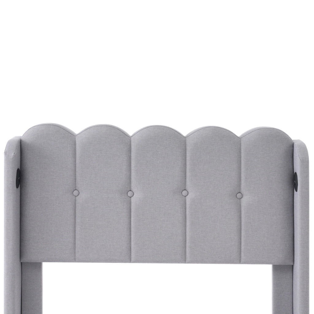 Letto singolo 90x200 in tessuto grigio con USB-C e rete a doghe