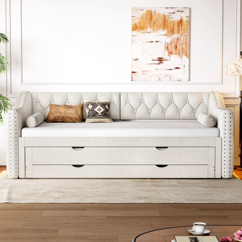 LETTO Giorno 90x200 cm Beige con LED, letto estraibile e 3 cassetti
