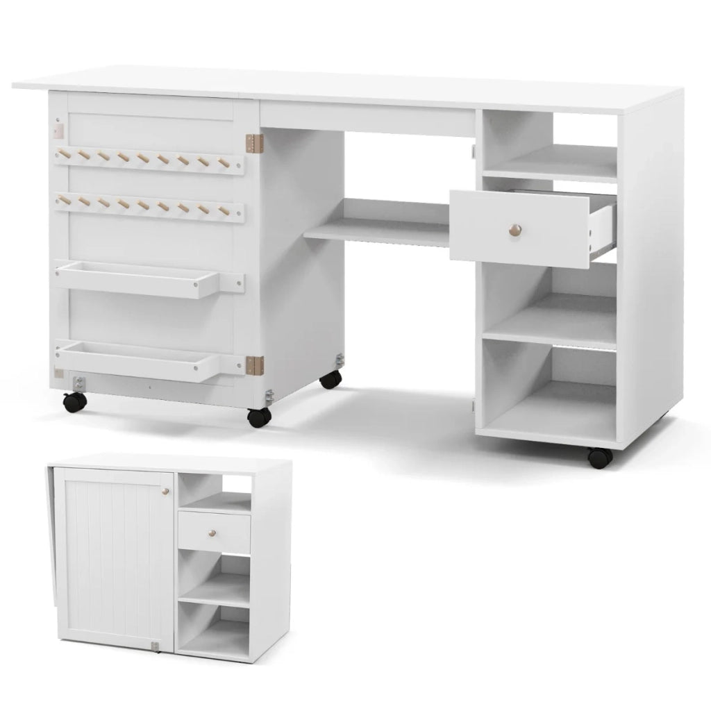 Tavolo da cucito e scrivania pieghevole 146 x 50 x 78 cm spazio di archiviazione ottimizzato stile moderno MDF bianco 20_0019261
