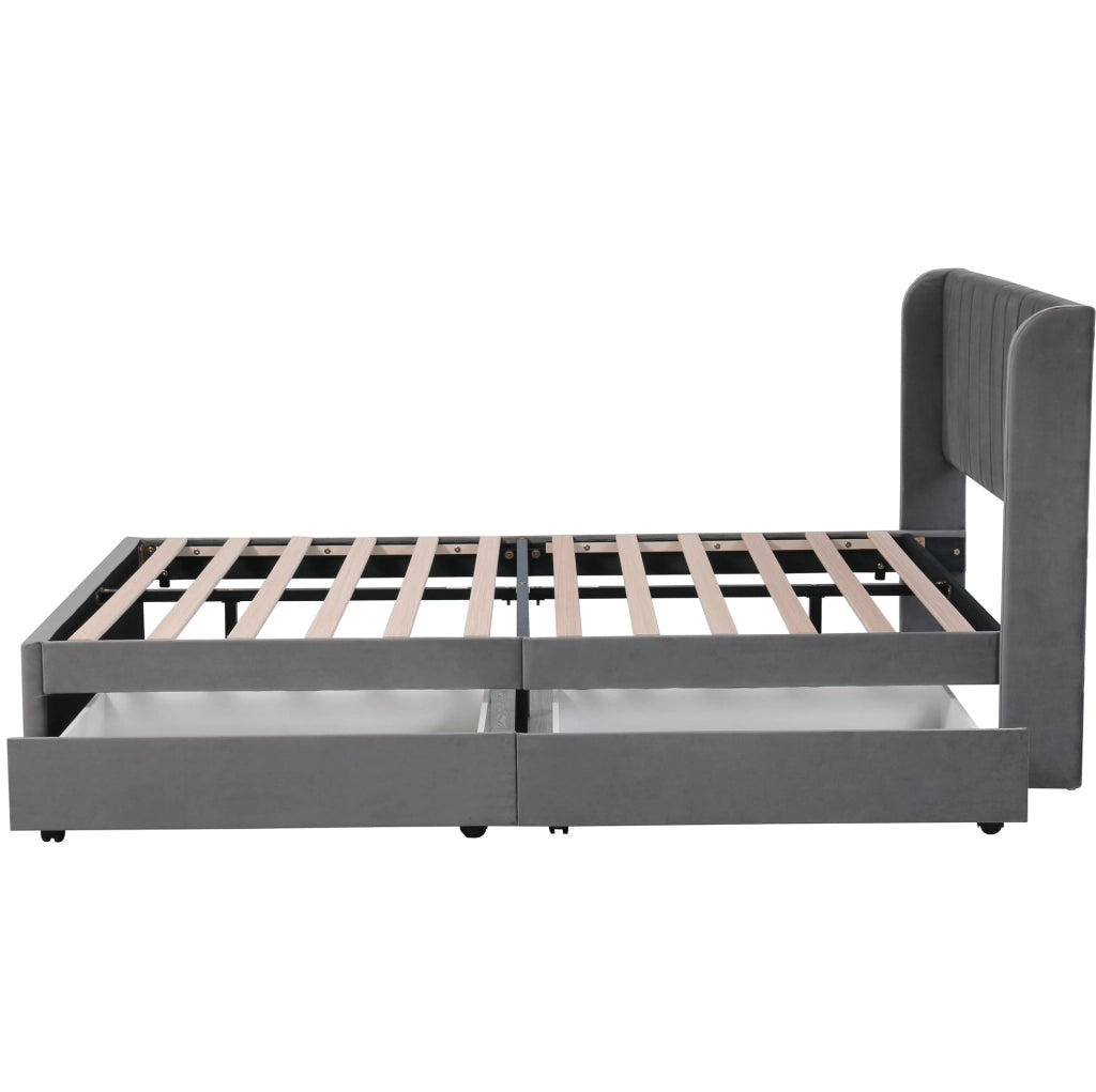 Letto imbottito 140x200 cm in velluto grigio con testiera, rete a doghe e 2 cassetti