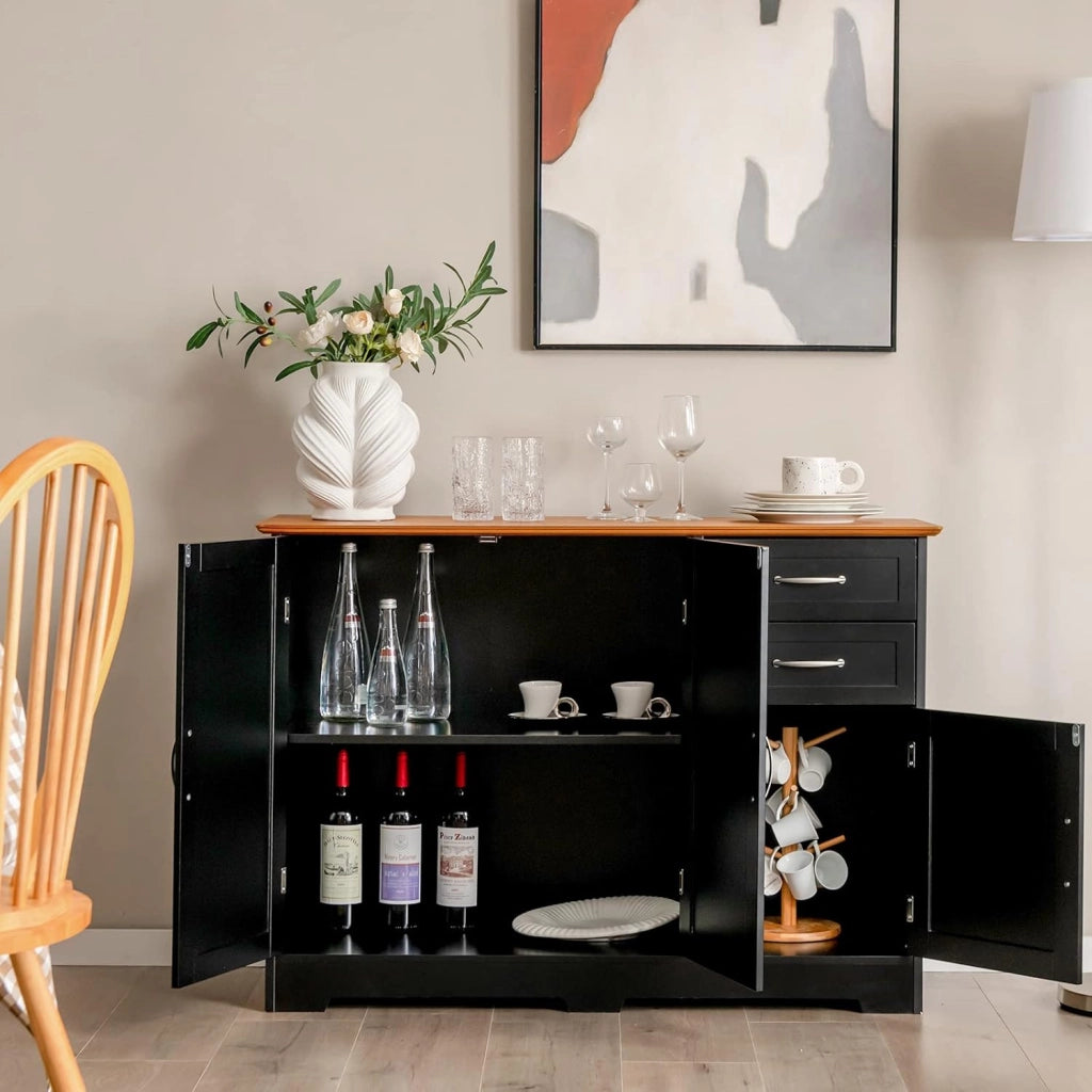 Credenza Cucina Multiuso e Moderno, Madia da Cucina con 2 Armadi, Ante e 2 Cassetti, Mobile Dimpensa Portaoggetti per Sala da Pranzo, Soggiorno, 100 x 40 x 78 cm (Nero)