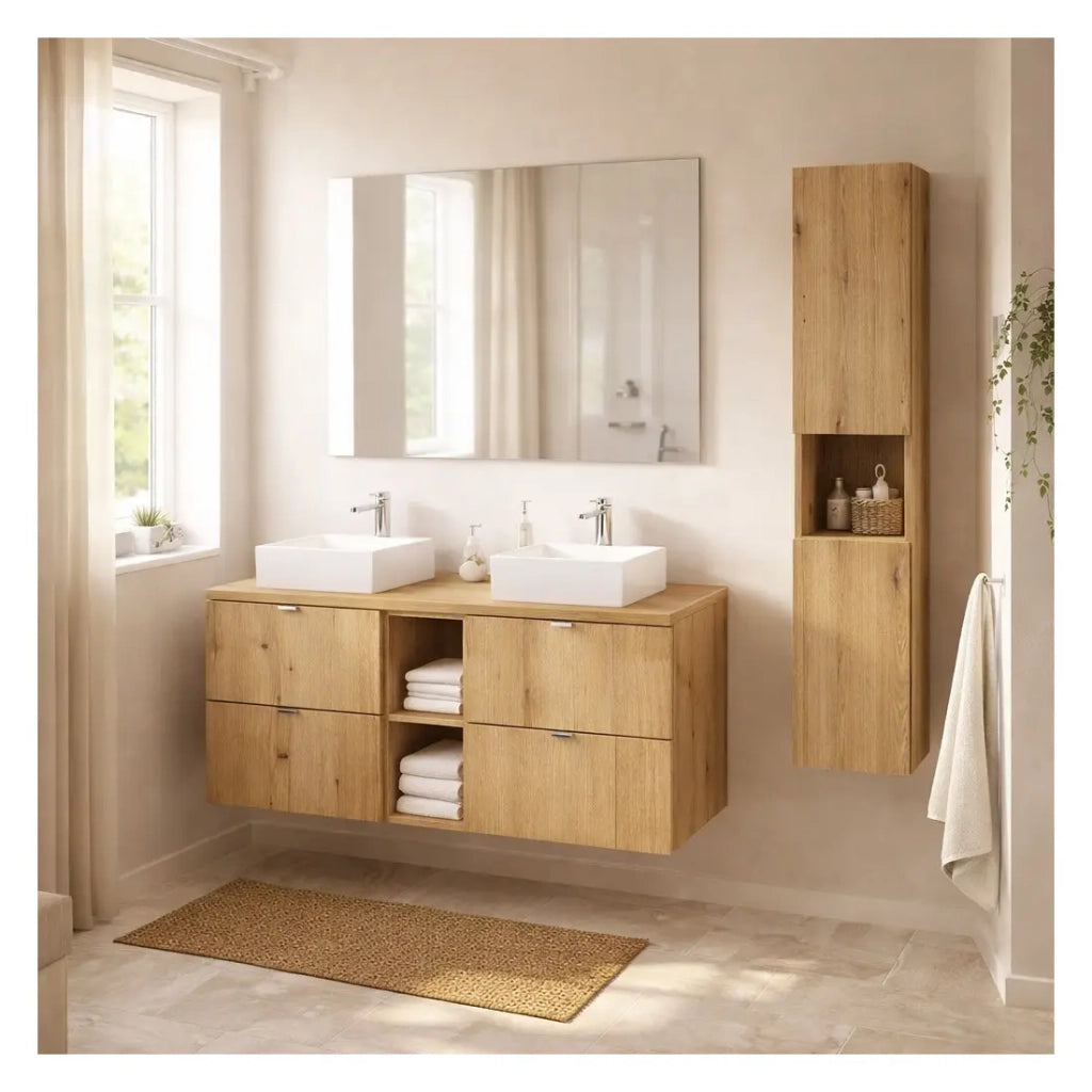Set VANO effetto rovere 150cm: mobili sotto lavabo con cassetti e nicchie + piano per lavabo + lavabi da appoggio + colonna