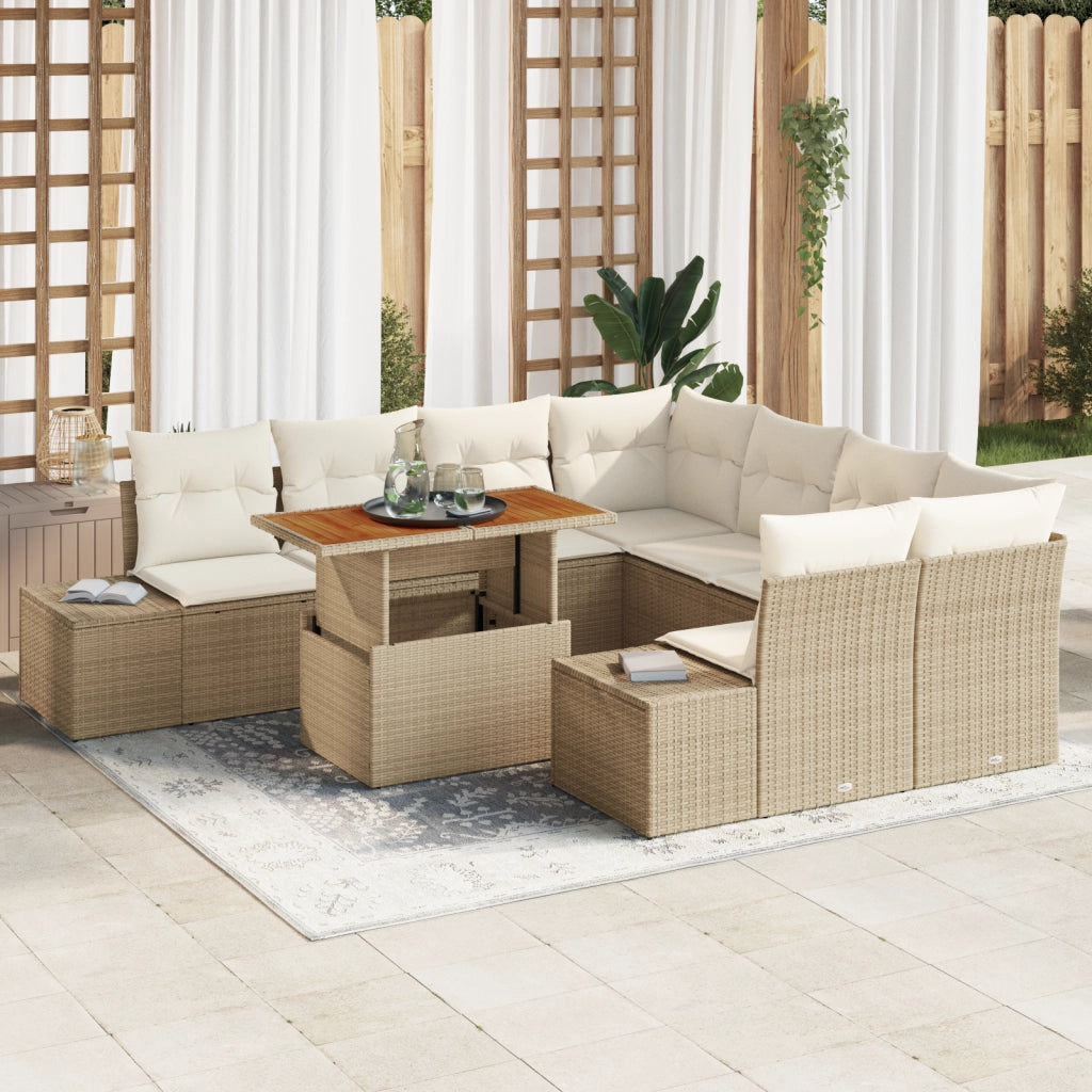 Set Divano da Giardino 9 Pezzi con Cuscini Beige Rattan Sintetico