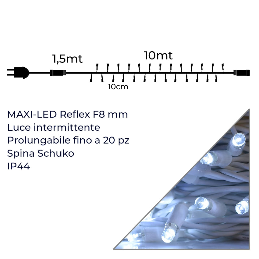 CATENA LUMINOSA 100 MAXI-LED CAVO BIANCO PROLUNGABILE CON LUCE BIANCA FISSA E INTERMITTENTE - PER DECORAZIONI EFFETTO CIELO STELLATO