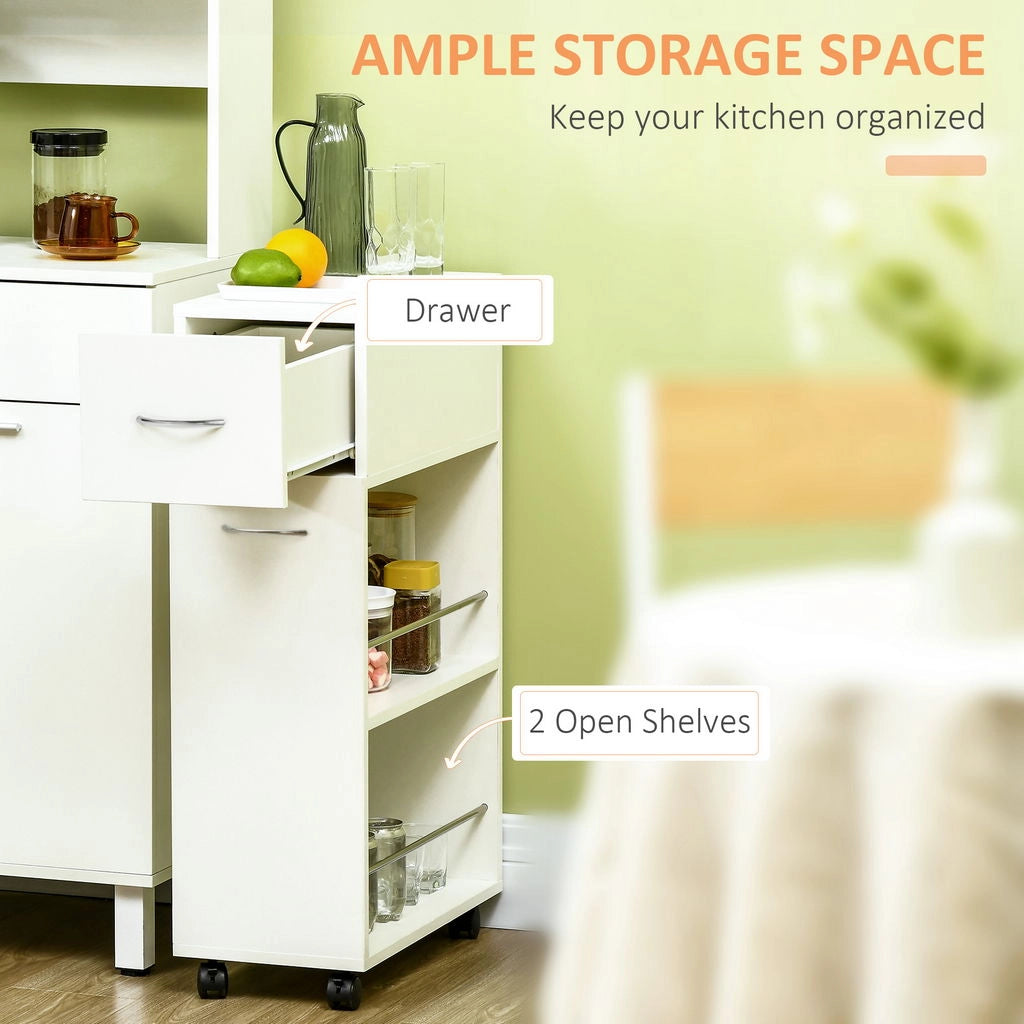 CARRELLO DA CUCINA CON 2 RIPIANI APERTI E CASSETTO ESTRAIBILE 25X50X85 CM BIANCO