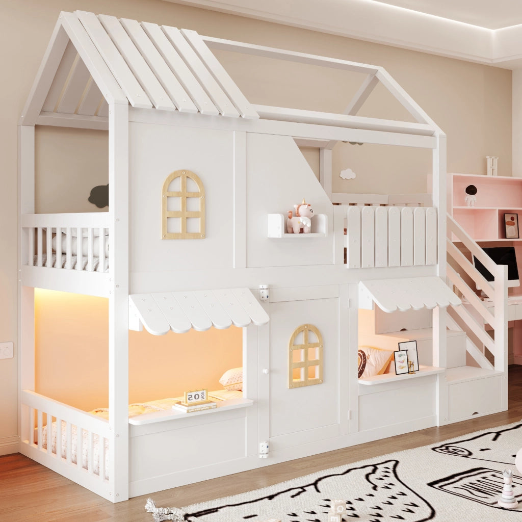 Letto a castello a casetta 90x200 cm con tetto; finestra; porta; scala contenitore; LED e ripiani; legno bianco