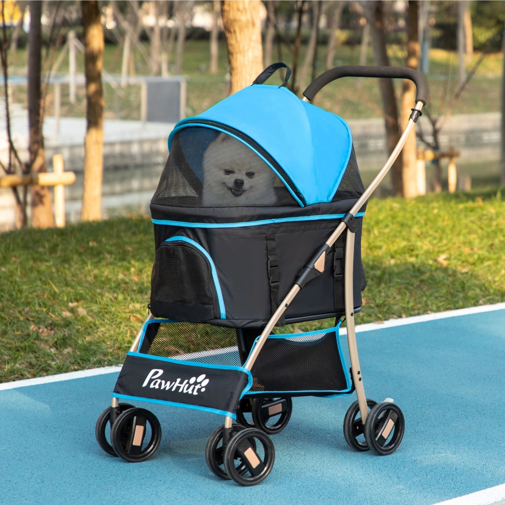 Passeggino per Cani Convertibile con 2 Guinzagli e Cuscino, in Acciaio e Poliestere, 82x49.5x98 cm, Azzurro e Nero