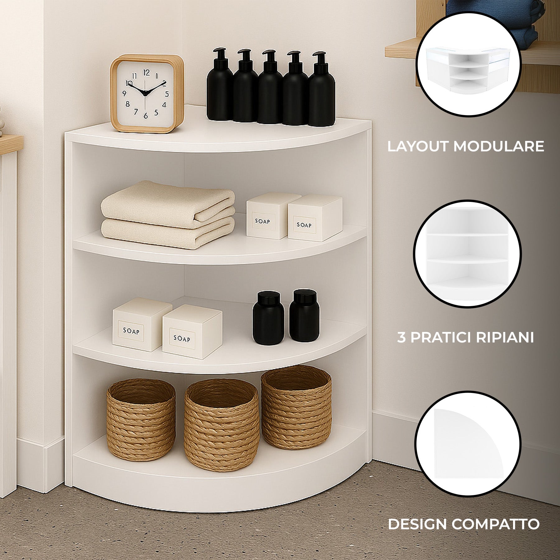 Bancone Angolare da Negozio Bianco LM60 con 3 Ripiani Vetrina Espositiva