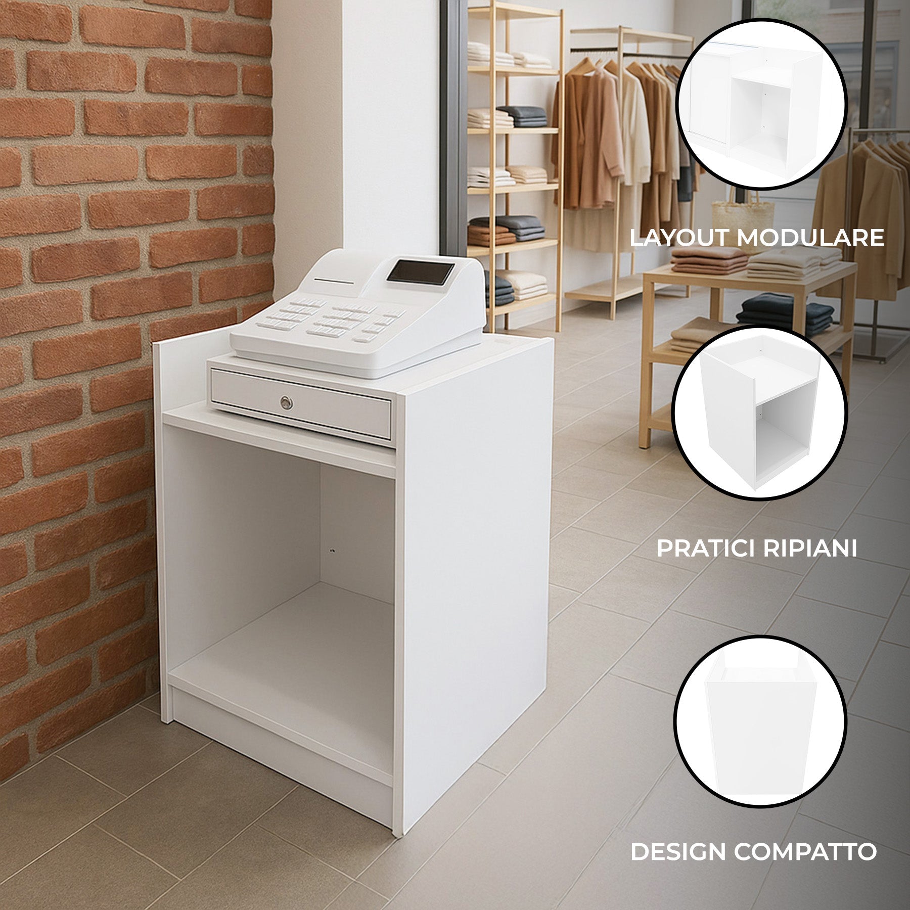 Bancone Cassa da Negozio Bianco TB60 Mobile Reception 2 Ripiani in MDF