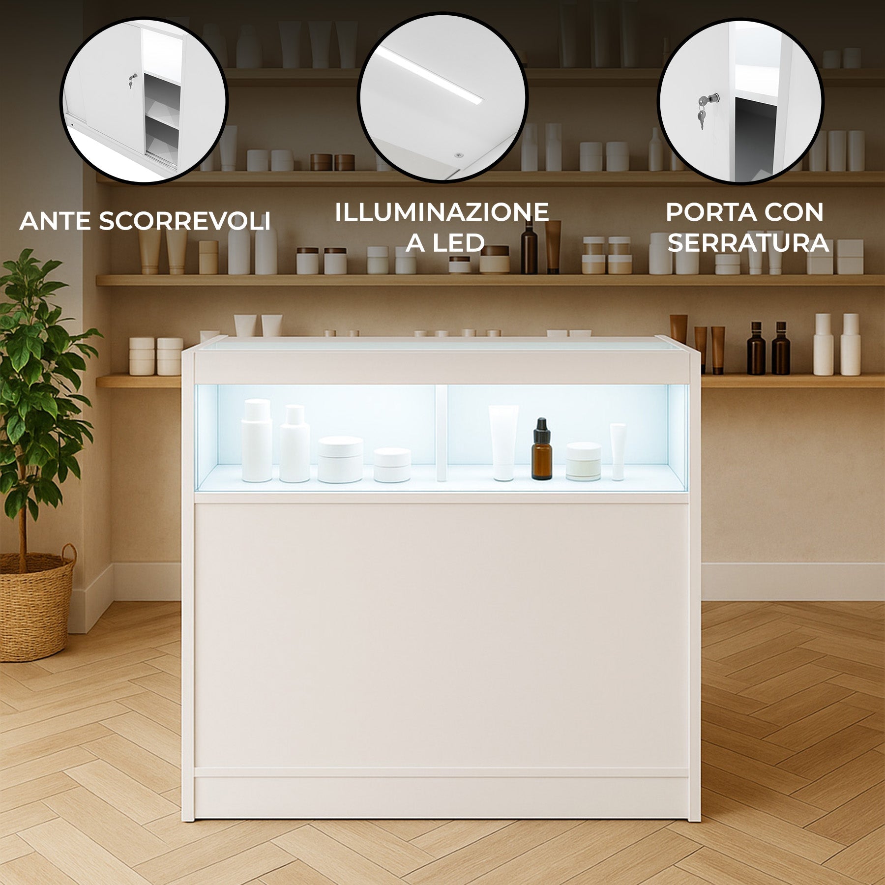 Bancone LED Bianco B900 con Vetrina, Ante Scorrevoli e Ripiani – Bloccabile