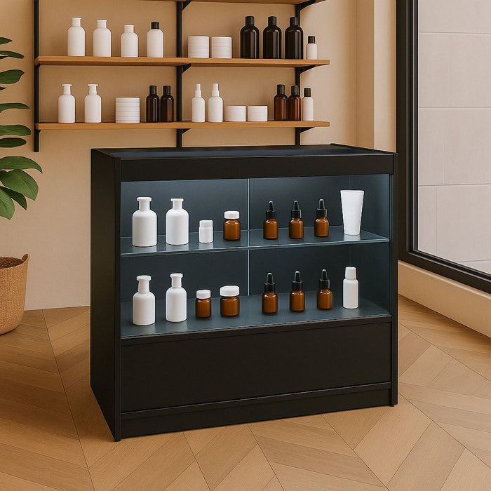 Bancone LED Nero C900 con Vetrina, 2 Ripiani a Vista, Serratura Inclusa