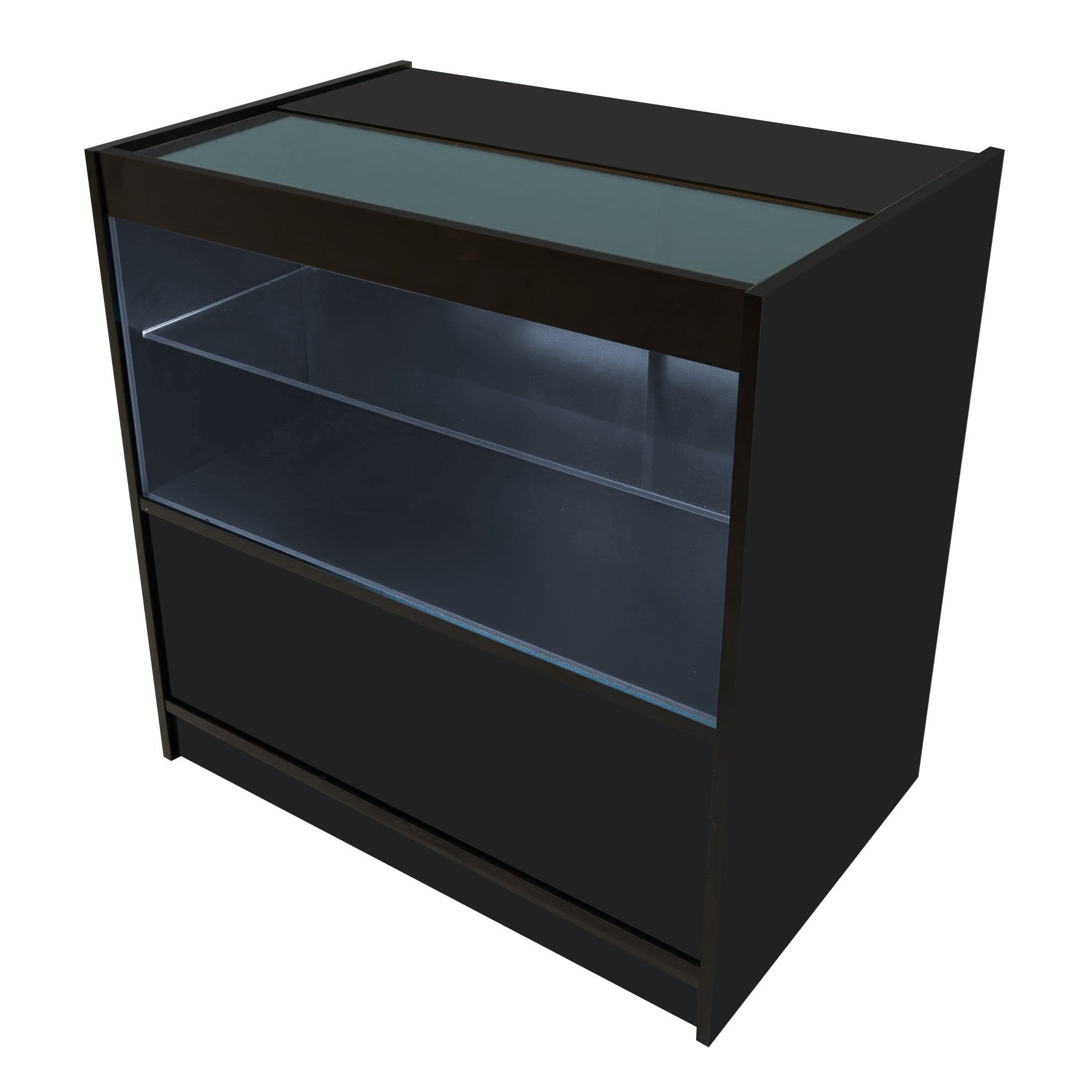 Bancone LED Nero C900 con Vetrina, 2 Ripiani a Vista, Serratura Inclusa