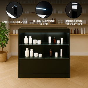 Bancone LED Nero C900 con Vetrina, 2 Ripiani a Vista, Serratura Inclusa