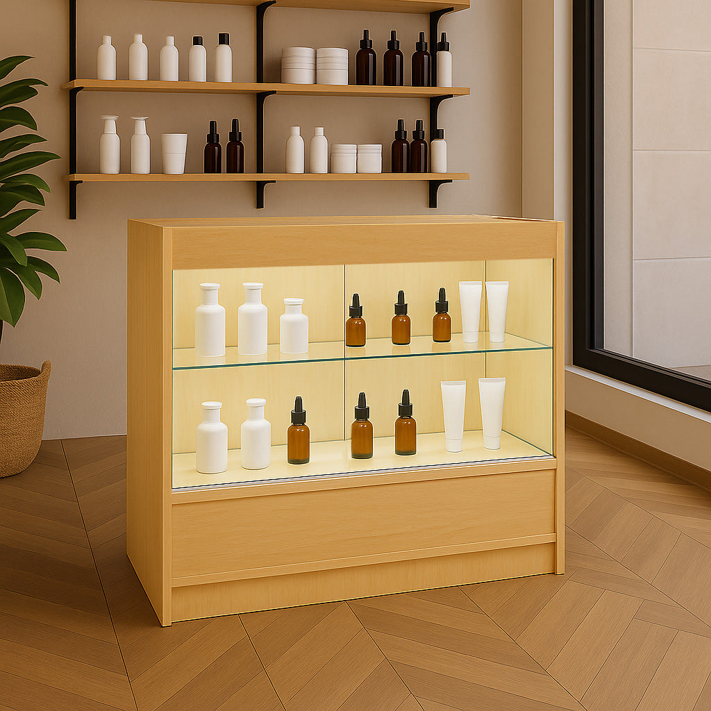 Bancone LED C900 Acero con 2 Ripiani a Vista e 1 Ripiano Chiuso