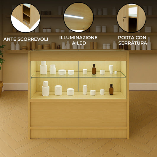 Bancone LED C900 Acero con 2 Ripiani a Vista e 1 Ripiano Chiuso