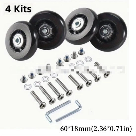 Reservewielen per bagaglio, 4 pezzi da 60 x 18 mm, con cuscinetti a rulli, set di riparazione.