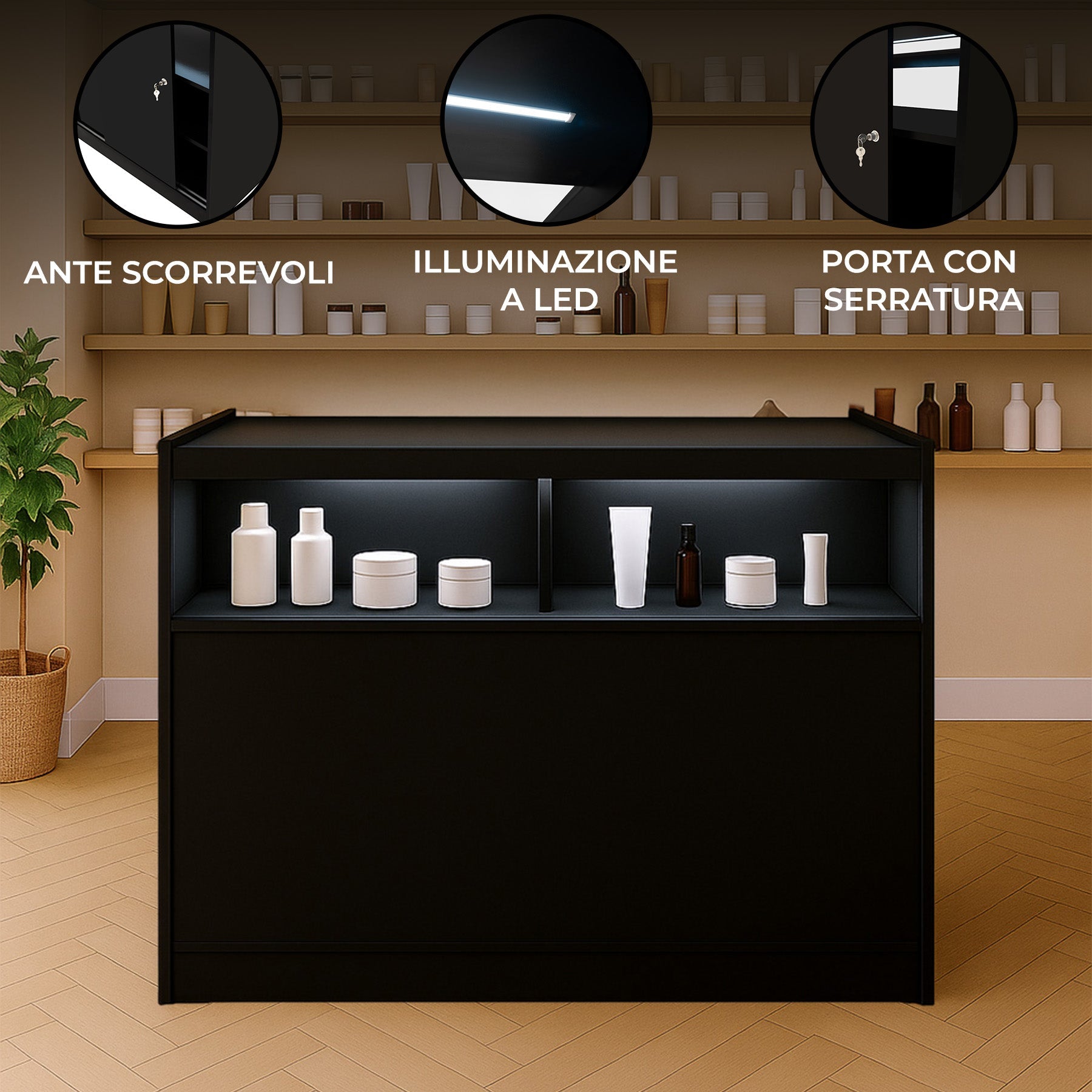 Bancone LED B1200 Nero con 1 Ripiano a Vista e 2 Chiusi