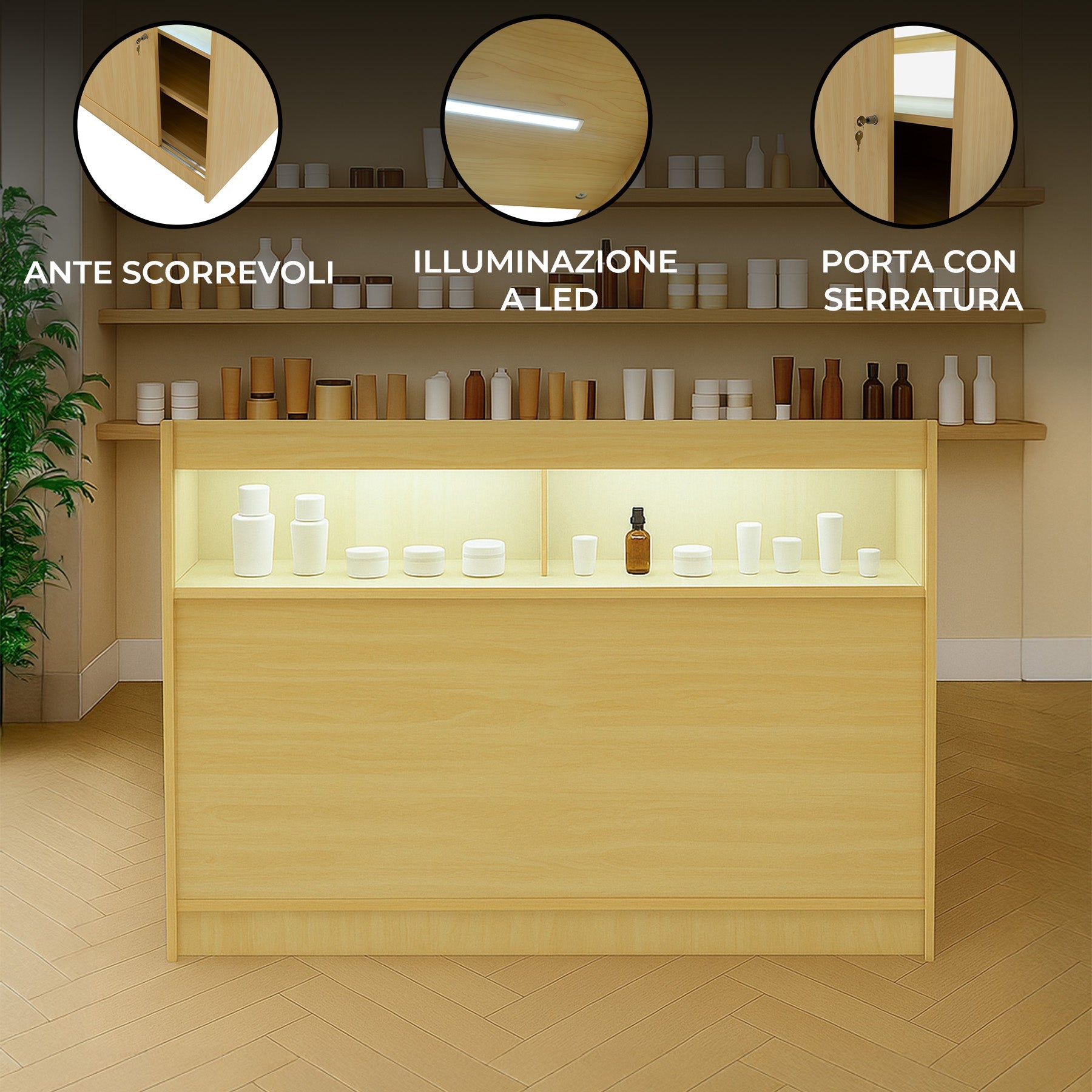 Bancone LED B1200 Acero con 1 Ripiano a Vista e 2 Chiusi