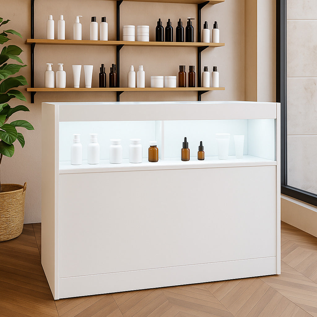 Bancone LED B1200 Bianco con 1 Ripiano a Vista e 2 Chiusi