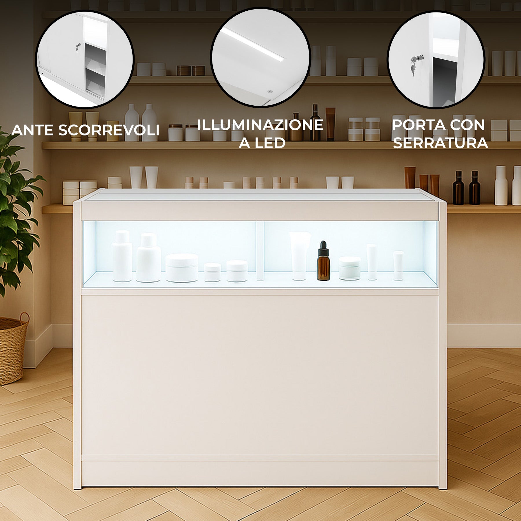 Bancone LED B1200 Bianco con 1 Ripiano a Vista e 2 Chiusi