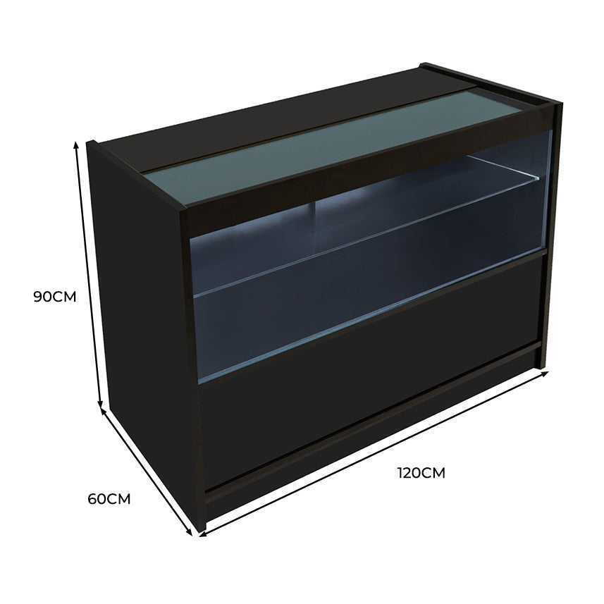 Bancone LED C1200 Nero con 2 Ripiani a Vista e 1 Chiuso, Vetrina