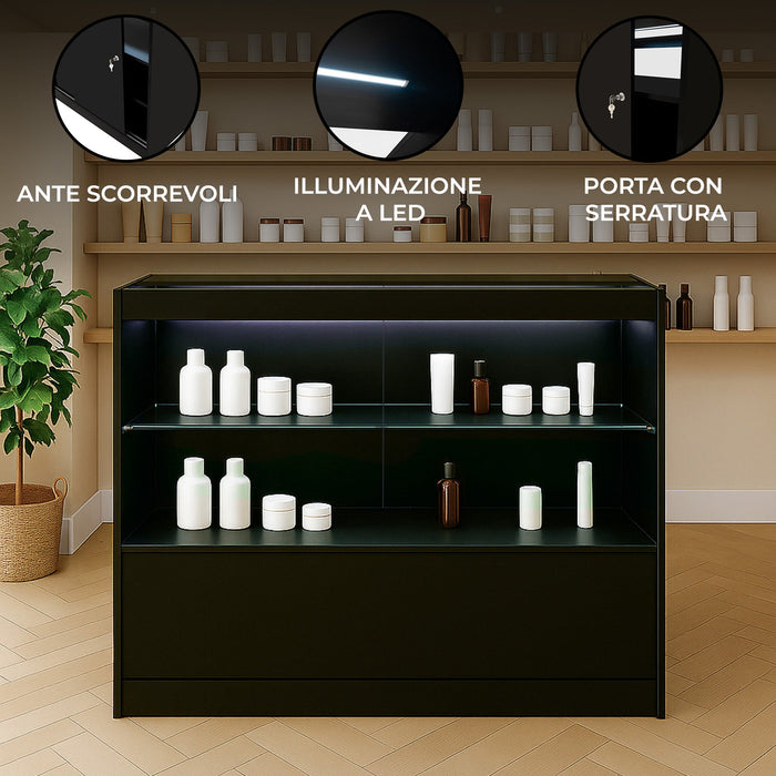 Bancone LED C1200 Nero con 2 Ripiani a Vista e 1 Chiuso, Vetrina