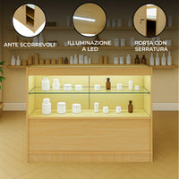 Bancone LED C1200 Acero con 2 Ripiani a Vista e 1 Chiuso, Vetrina