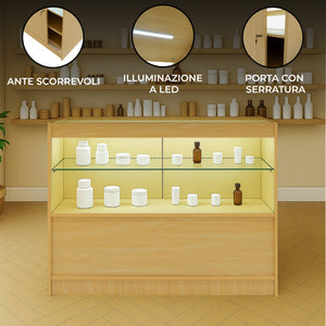 Bancone LED C1200 Acero con 2 Ripiani a Vista e 1 Chiuso, Vetrina