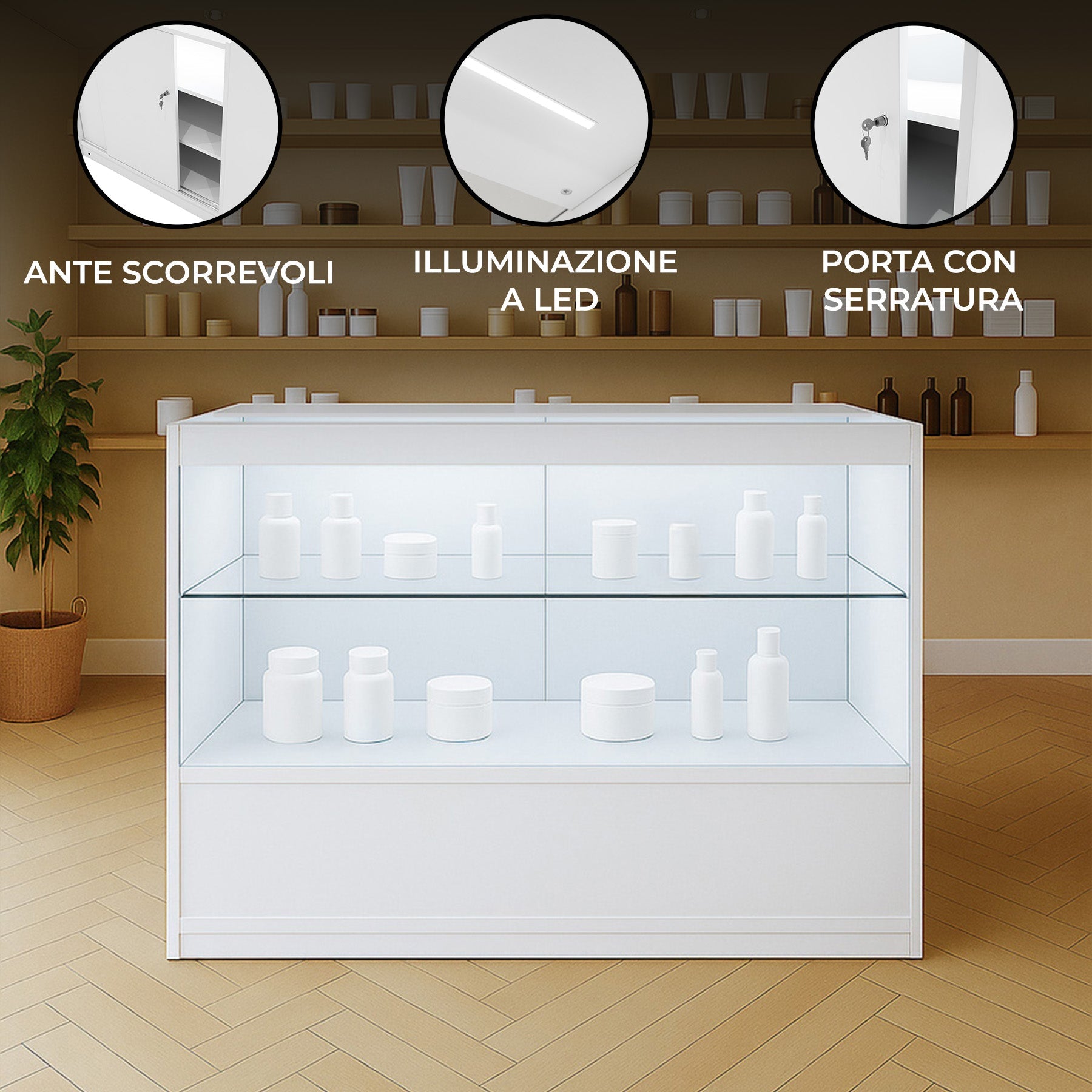 Bancone LED Bianco C1200 con 2 Ripiani a Vista e 1 Chiuso, Vetrina