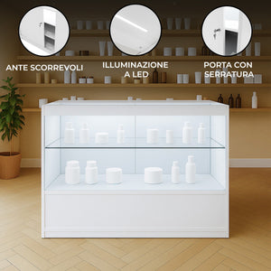 Bancone LED Bianco C1200 con 2 Ripiani a Vista e 1 Chiuso, Vetrina