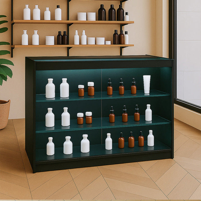 Bancone LED Nero K1200 con 3 Ripiani, Vetrina e Ante Bloccabili – 2 Chiavi