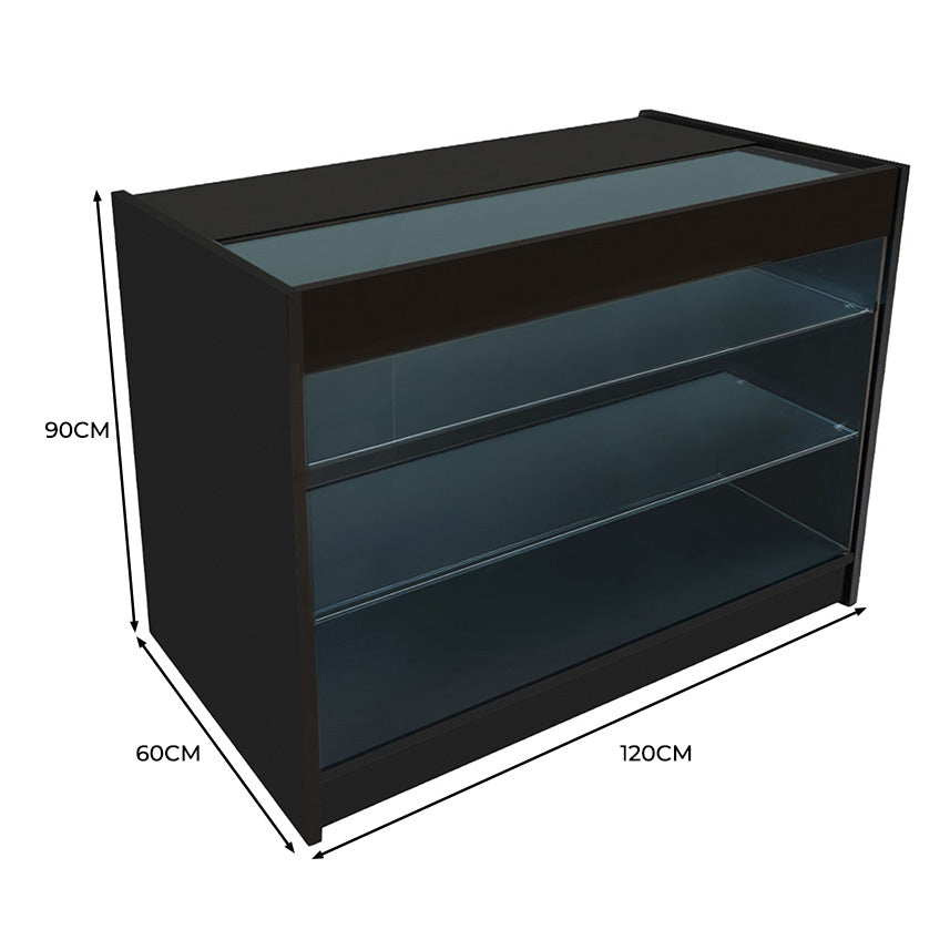 Bancone LED Nero K1200 con 3 Ripiani, Vetrina e Ante Bloccabili – 2 Chiavi
