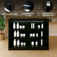 Bancone LED Nero K1200 con 3 Ripiani, Vetrina e Ante Bloccabili – 2 Chiavi