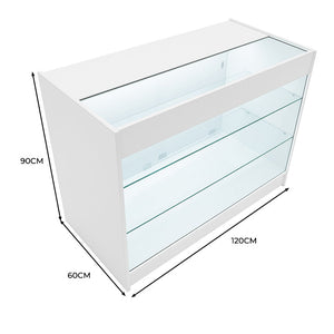 Bancone LED Bianco K1200 con 3 Ripiani, Vetrina e Ante Bloccabili – 2 Chiavi