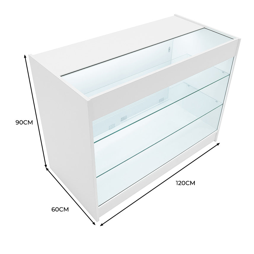 Bancone LED Bianco K1200 con 3 Ripiani, Vetrina e Ante Bloccabili – 2 Chiavi