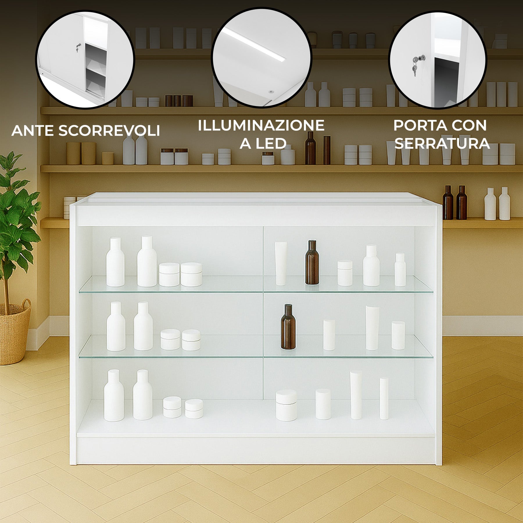 Bancone LED Bianco K1200 con 3 Ripiani, Vetrina e Ante Bloccabili – 2 Chiavi