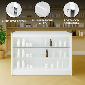 Bancone LED Bianco K1200 con 3 Ripiani, Vetrina e Ante Bloccabili – 2 Chiavi